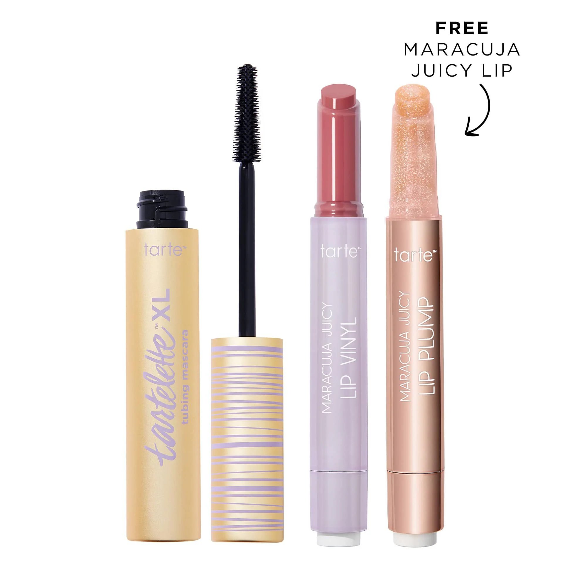 tarte⢠maracuja juicy lip vinyl, shimmer glass and XL tubing mascara set