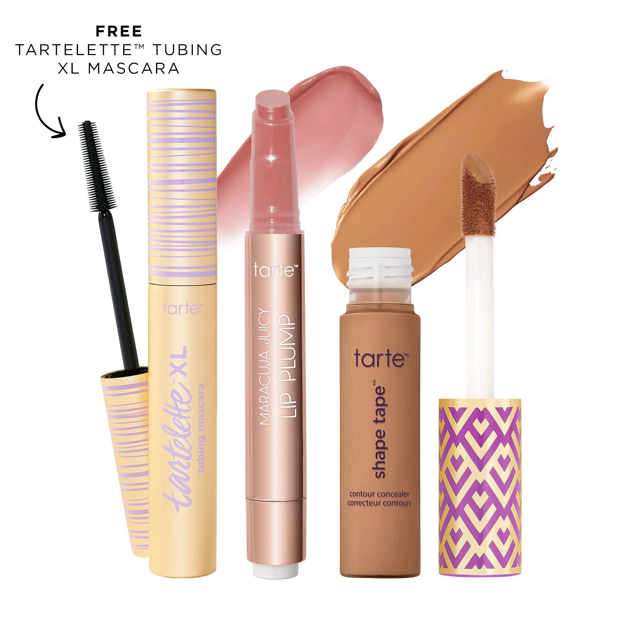 tarte⢠shape tape concealer, XL tubing mascara and maracuja juicy lip plump trio